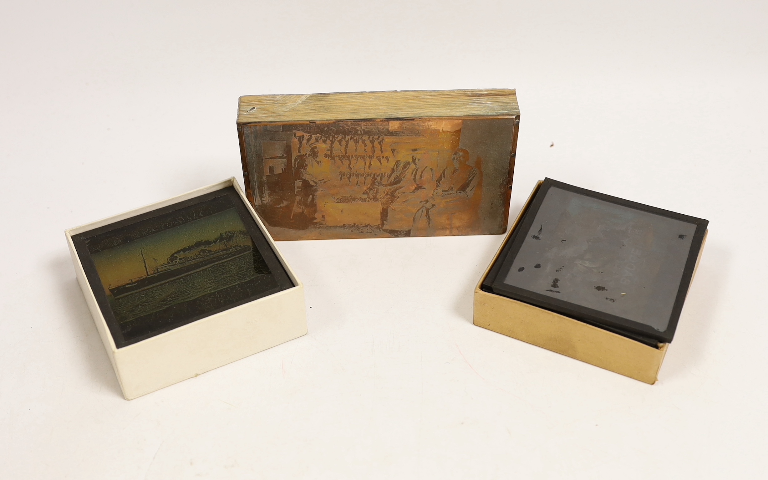 A cased Ensign Optiscope No.5 Magic Lantern projector and slides. Condition - poor-fair